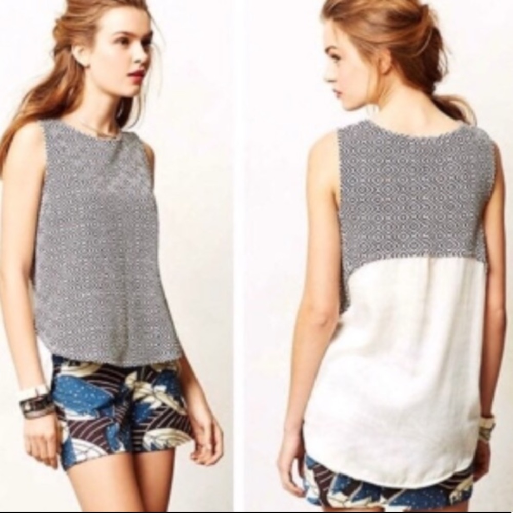 Anthropologie Deletta Sania High Low White Black Patterned Top Tank W-067 Sz S